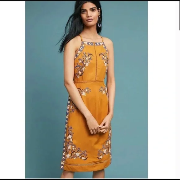 Anthropologie | Dresses | Anthropologie Mustard Embroidered Midi Dress |  Poshmark
